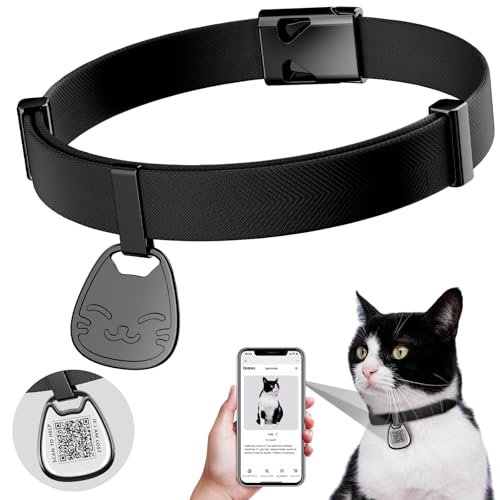 Cat Collar with QR Code Name Tag, Breakaway Kitten Collar for Boy & Girl Cats, Ultra Soft Elastic Adjustable Band, Safety Break Away Buckle, Comfortable & Secure Pet ID Collar (6"-12"), Black