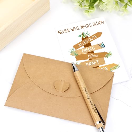 MorLuks Neuer Weg Neues Glück, Kugelschreiber mit Gravur + Abschiedskarte Kollegen + Geschenkbox, Abschiedsgeschenk Kollegen für Jobwechsel Rente Ruhestand Neuer Job Mutmacher