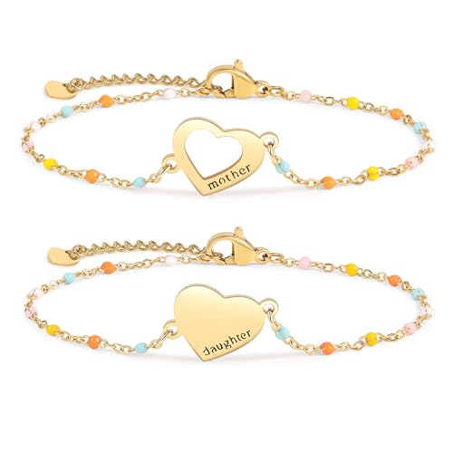 DS Mother Daughter Bracelets Set,18K Gold Plated Stainless Steel Heart Jewelry for Women Girls,Mothers Day Gifts for Mom/Daughter,Adjustable Matching Bracelets for Mommy and Me gift box packaging
