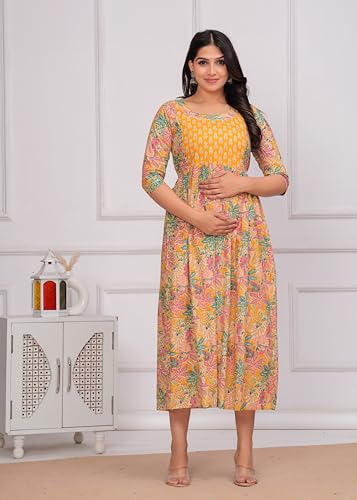 Image of Women's Feeding Kurta Cotton | Floral Anarkali Pregnancy Kurta with Nursing Zipper | Pre & Post Partum | Maternity Dresses | Mom to Be Gift