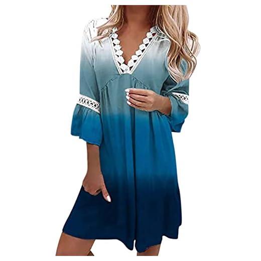 uikmnh Womens Tunic Dresses Baby Doll Dress Short Summer Ruffle Lace Casual Straight 3/4 Sleeve Bell Sleeve Loose Dress Blue - Ombre