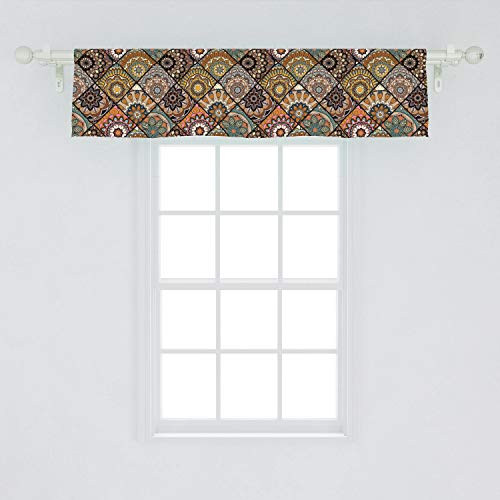 Ambesonne Moroccan Window Valance, Mexican Ornaments With Abstract Old Fashioned Mandala Checkered, Curtain Valance For Kitchen Bedroom Decor With Rod Pocket, 54" X 12", Chocolate Peach #TOP1