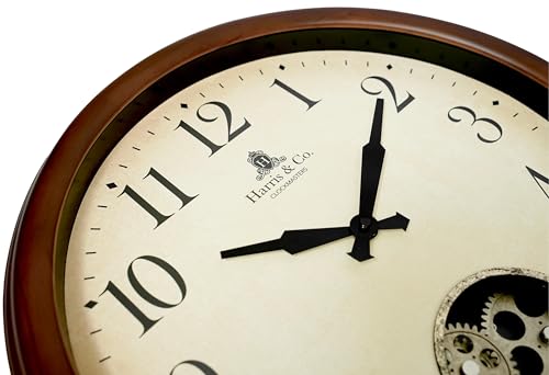 Image of HARRIS & CO. CLOCKMASTERS Luxe Edition Premium Luxury Wooden Wall Clock with Thick Wooden Frame & Moving Gears,Silent Sweep Noiseless Technology,(Size Large - 17 Inch),Model - SOHO