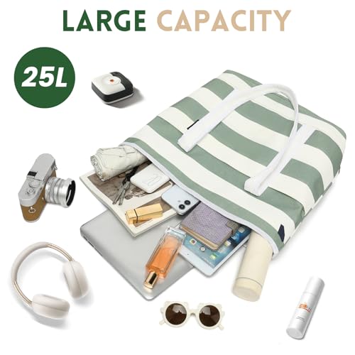 Image of Large Canvas Tote Bag for Women, Beach Bag with Zipper, Utility Tote Bag with 3 Front Pockets, Weekender Pool Bag