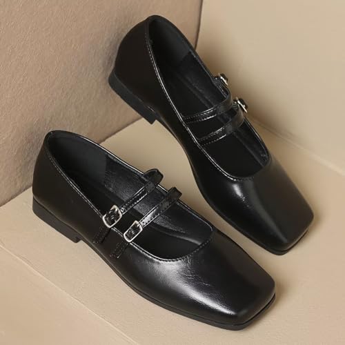 WENJIAZHIZHI Womens Squared Toe Mary Janes Adjustable Buckle Ballet Flats Solid Color Elegant Office Lady Low-Heels Wedding Dressy Shoes2