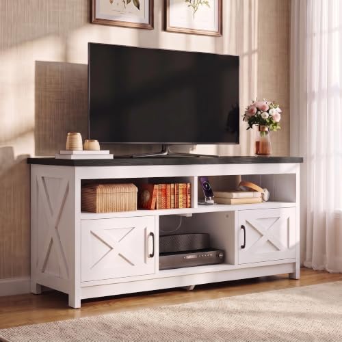 DWVO Farmhouse TV Stand, Charging Hub for 65 Inch TV, Black Top & White