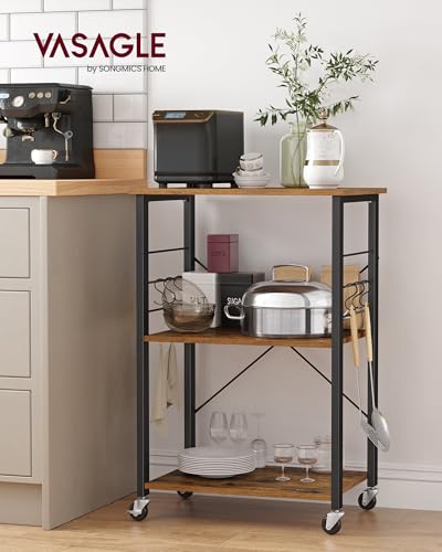 VASAGLE Estantería de Cocina con Ruedas, Carrito de Servicio de 3 Niveles, Estantería para Microondas, Marco de Metal con 6 Ganchos, 40 x 60 x 89 cm, Marrón Rústico y Negro Tinta KKS60XV1 - imagen 2