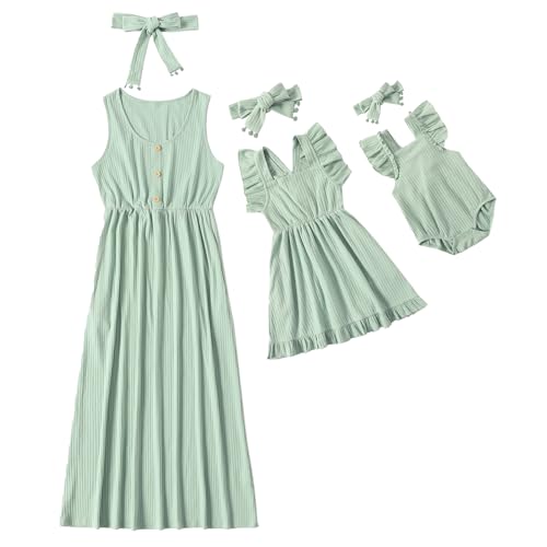 IFFEI Mommy and Me Dresses Matching Set Sleeveless Outfits with Poeckets and Headband 3-6M Green Mint