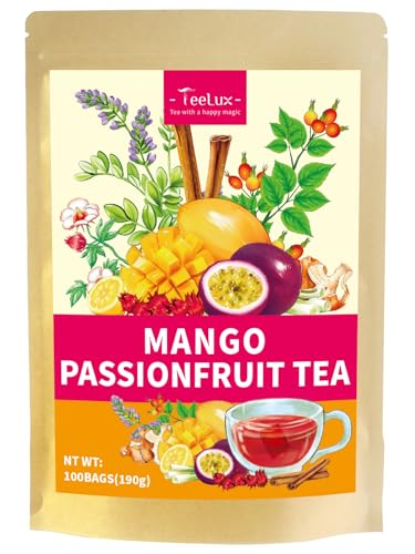 Image of TeeLux Mango Passion Fruit Herbal Tea Bags, Caffeine Free, 100 Count | Tropical Fruit Blend with Hibiscus, Rosehips, Lemongrass & Cinnamon, Natural Mango & Passion Fruit Flavor, Hot or Iced