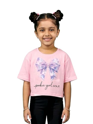 Image of KiddoPanti Girls 100% Cotton Solid Drop Shoulder Half Sleeve Round Neck Crop Tee