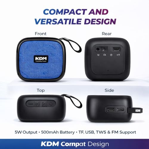 Image of KDM 30 DotCom Portable Bluetooth Speaker, 5W Clear Sound, 8H Playtime, TWS Pairing, FM Radio, Hanging Strap, USB /TF, Type-C Charging, Compact Design,Blue