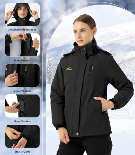donhobo Damen Outdoor Winterjacke Winddichte Wasserdicht Softshell Jacke Warm Fleece Skijacke Funktionsjacke mit Abnehmbarer Kapuze, Schwarz, L