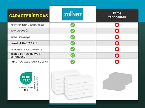 Miniatura 6 de Zollner Juego De 10 Toallas Para Invitados De 30 X 50 Cm: Toallas Especialmente Suaves Y Absorbentes En Color Blanco, Con Práctico Colgador, Lavables Hasta 95 C, De Algodón, Calidad Hotelera