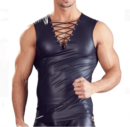 Pradize Camiseta De Tirantes para Hombre con Efecto Cuero Y Detalle De Cordones Ajustables (Negro, XL=ES-50)