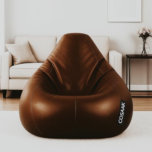 Image of Bean Bag Cover, Faux Leather, 66 x 86 x 112 cm, Indoor Gaming and Reading Chair (Brown, XXL, Solid)