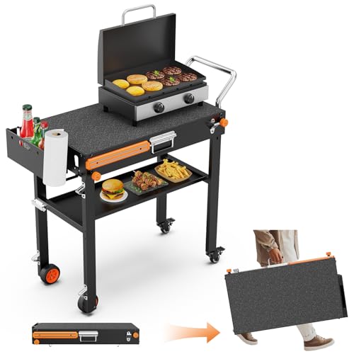 AOKEMAi Grill Table for Blackstone Griddle 17 or 22 Portable Grill Cart with Wheels for Ninja Outdoor Grill Table with Large Space Foldable Griddle Stand BBQ Prep Tables for Tailgating Camping