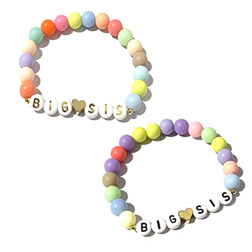 Caiyao Handmade 2pcs Colorful Big Little Sis Announcement Heart Pastel Beads Adjustable Lightweight Cute Cool Bracelet Friendship Birthday Jewelry for Women