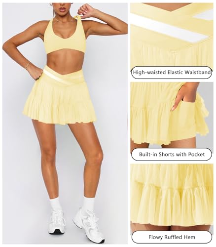 Women's Pleated Flowy Ruffle Tennis Skirt Skort for Women Crossover High Waisted Mini Golf Athletic Skirt with Shorts4