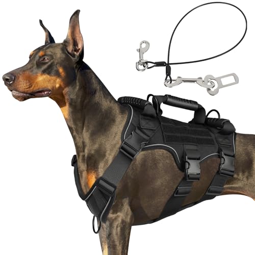 ODRIEW Heavy Duty No Pull Tactical Dog Harness for Large Dogs, 3Pcs Handle & Hook Metal Buckle, K9 Adjustable Reflective Military Dog Vest Harness for Working Dog Training Hunting Walking. (Black, M)