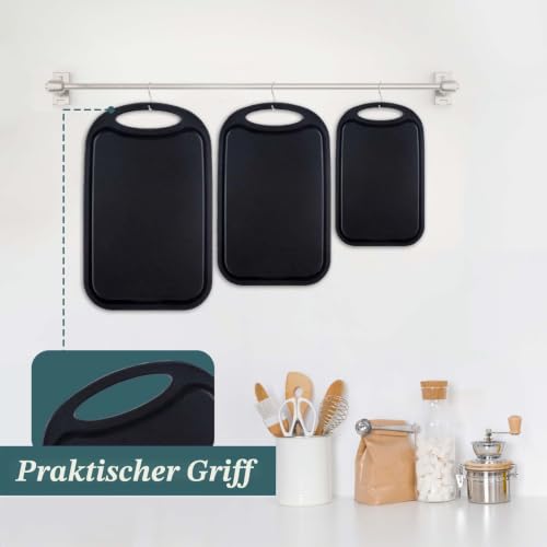 Foto von Schneidebrett , Hunnycook 3-tlg Set mit Saftrillen und rutschfeste Griffe, Antibakteriell Frühstücksbrettchen kunststoff Schwarz, BPA-frei, Spülmaschinenfest