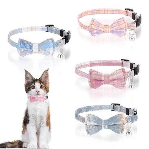 4er-Pack Katzenhalsband Mit Abreißverschluss Weiches Cat Collar Katzen Halsbänder Mit Glöckchen Fliege Verstellbare Karomuster Halsband Katze Mit...