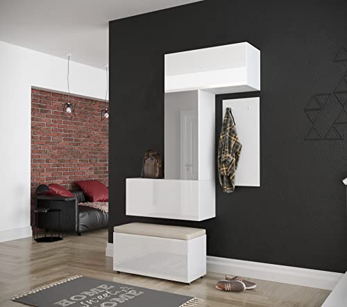 Furnitech GF71 Flur Dielenmöbel Garderobenschrank Dielenschrank Schuhschrank Flurmöbel Set Spiegel Hochglanz (GF71-21W-HG2)