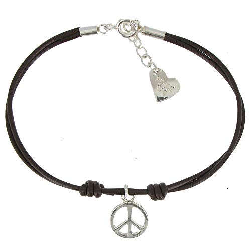 LES POULETTES BIJOUX - Bracelet Peace and Love Argent 925 Lien Cuir Marron Foncé