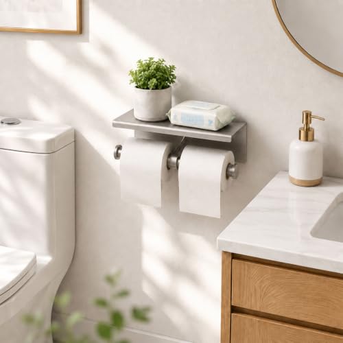 BWE Double Toilet Paper Holder with Shelf Wall Mount Tissue Holder Bathroom by BWE - Used condition - Image 2