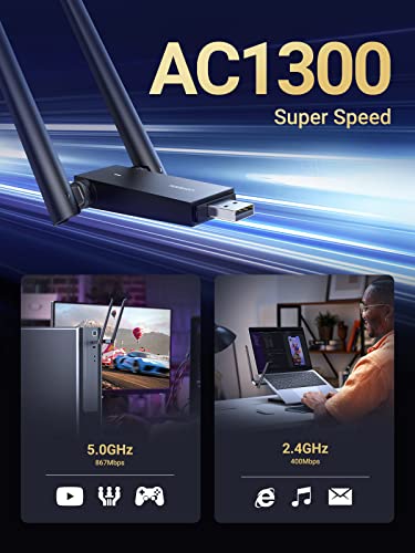 UGREEN Adaptador WiFi USB, adaptador WiFi com antenas duplas de alto ganho AC1300 5dBi, banda dupla