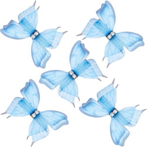 SmallCat 5pcs Butterfly Hair Barrettes for Women, Gradient Blue Organza Bling Rhinestone Hair Clips, Cute Hair Bow Pin Accessories for Daily, Wedding, Rave Party