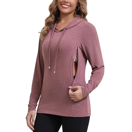GINKANA Women's Nursing Shirts with Hidden Zipper Long Sleeves Hoodie Sweatshirt Tops Casual Clothes,Wine Red,S