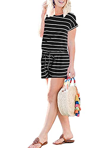 Anrabess Ladie Summer Beach Rompers Casual Short Sleeve Crewneck Striped Short Pants Jumpsuit With Pockets A233-Heibai-M #TOP2