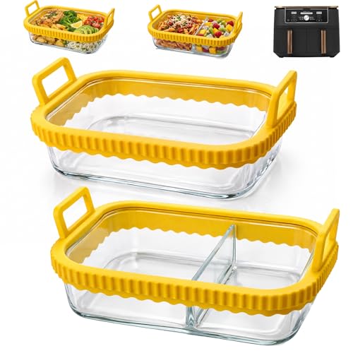 Hivio 2 Stück Auflaufform Airfryer für Ninja Heißluftfritteuse AF400EU/DZ400EU/AF500EU/COSORI Heißluftfritteuse 2 Kammern, Gelb Glas Airfryer Zubehör, BPA-frei, Herausnehmbarer Silikonring