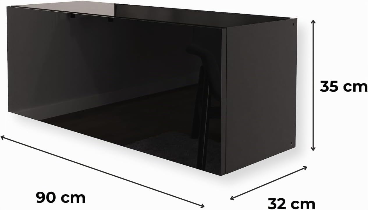 Armoire Murale Suspendue Noir Brillant 90x35x32 cm – Meuble de Cuisine Haut, Placard de Rangement, Étagère Murale Laquée, Meuble Haut de Cuisine en Finition Brillante
