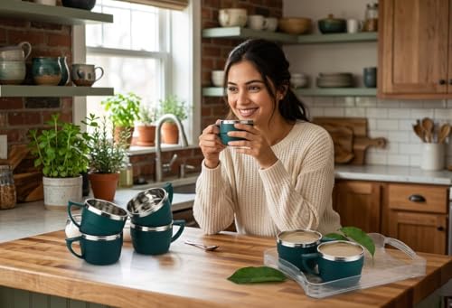 Image of HAPPI Tea Cups Set Coffee Mug Insulated Stainless Steel Inner Stylist Double Wall Cup for Home Office Restaurant Use Tea Mugs Set of 6 (Bottle Green)