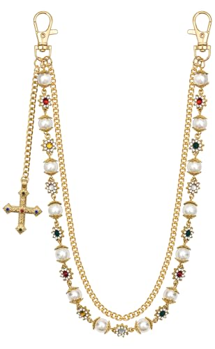 UDPP Punk Wallet Chain with Rhinestone Flower & Pearl Layered Pants Chains Key Chain Pocket Chains Gifts for Women Men(Golden Pearl Cross)