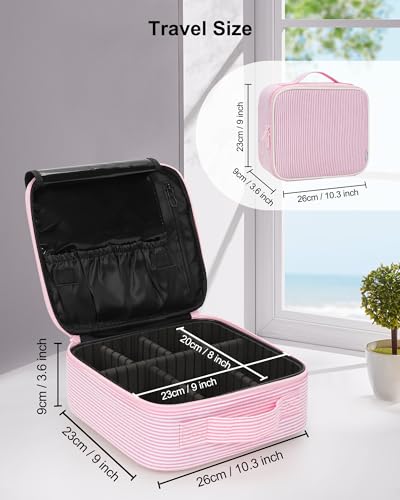 Image of Relavel Travel Makeup Train Case, Portable Cosmetic Case Makeup Organizer, Professional Artist Storage Bag with Adjustable Dividers for Cosmetics Brushes, Birthday Gifts for Girls, Pink Stripe
