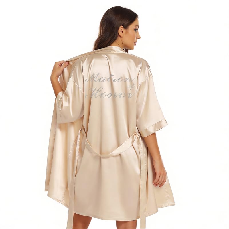 Image of Women's Bride Bridesmaid Robes Short Satin One Size Silver Rhinestones Wedding Party Getting Ready Sleepwear