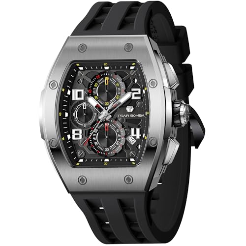 Image of TSAR BOMBA Mens Luxury Watch Watches for Men 50M Waterproof Japanese Quartz Movement Tonneau Stainless Steel Case Sapphire Glass with Chronograph Date Function Cool Unique Fashion Gift