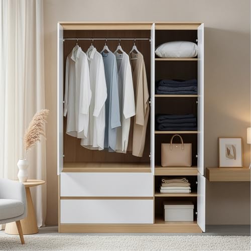 [en.casa] Armoire de Chambre Garde-Robe Moderne Meuble de Rangement avec Barre de Penderie 6 Étagères et 2 Tiroirs Placard MDF 176 x 120 x 52 cm Effet Chêne Blanc