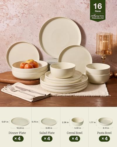 Image of Famiware Milkyway Stoneware Dinnerware Set, 16-Piece, Including Pasta Bowl, Plates and Bowls for Everyday & Formal Dining, Service for 4, Microwave and Dishwasher Safe, Scratch-Resistant, Almond Milk