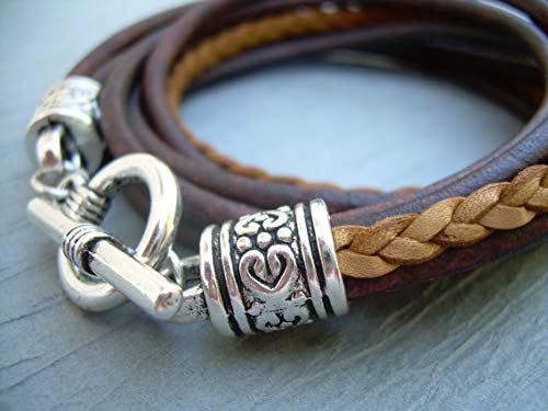Womens Leather Bracelet, Five Strand, Double Wrap, Antique Brown/Natural, Womens Jewelry, Womens Bracelet, Wrap Bracelet, Leather, Jewelry #TOP4