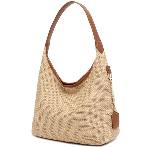 Straw Shoulder Bag for Women Summer Soft Woven Shoulder Purse Handbags,Beach Tote Straw Bag for Vacation