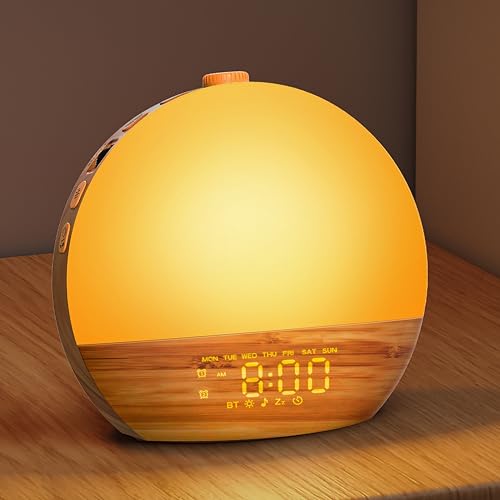 Geuuap Wood Grain White Noise Sound Machine Sunrise Alarm Clock with 25 Soothing Sounds, 17 Dimmable Night Lights, Bluetooth Speaker Wake Up Light alarm clocks for bedrooms, Heavy Sleepers, Baby, Kids