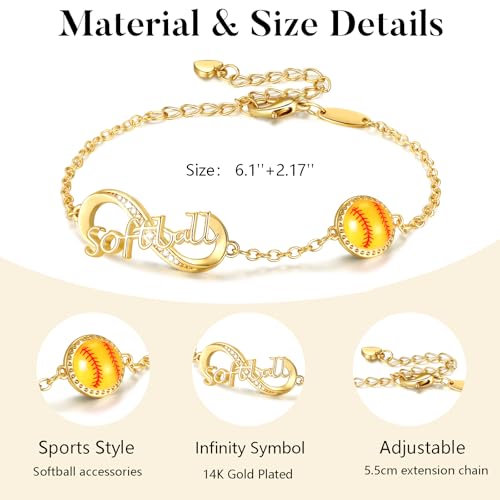 Image of Softball /Volleyball /Soccer /Basketball Bracelet for Girls Teen Women,14K Gold Plated Infinity Charm Link Bracelet Sports Accessories Jewelry Gifts for Lovers Players Team Coach