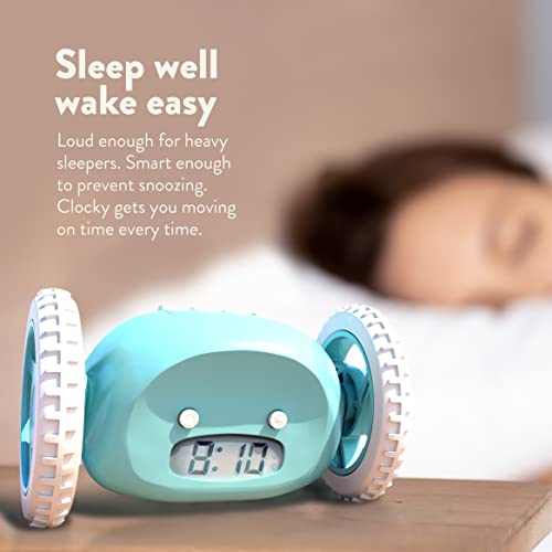 Clocky Alarm Clock On Wheels (Original) | Extra Loud For Heavy Sleeper (Adult Or Kid Bed-Room Robot Clockie) Funny, Rolling, Run-Away, Moving, Jumping (Blue) #TOP2