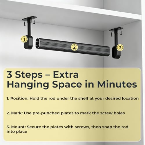 Image of HASTHIP Wardrobe Hanger Rod - 30cm Adjustable Heavy Duty Aluminum Closet Rod Wardrobe Rods for Hanging Clothes Adjustable Spacing Design, with Pre-punched Mounting Plates & Screws