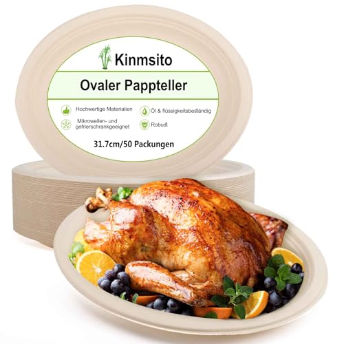 Kinmsito Lot de 50 assiettes en carton marron en canne à sucre - 31,75 x 25,4 cm - Bagasse - Assiettes jetables ovales robustes pour buffets, pique-niques, barbecues, fêtes et anniversaires