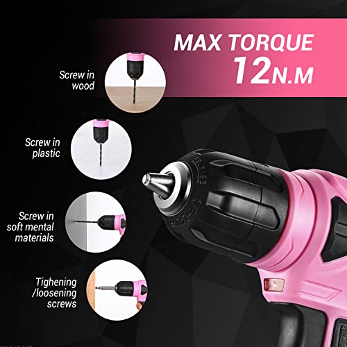 DEKOPRO 8V Cordless Drill, Drill Set with 3/8"Keyless Chuck, 42pcs Acessories, Built-in LED, Type-C Charge Cable, Pink Power Drills for Drilling and Tightening/Loosening Screws by DEKOPRO - Image 6