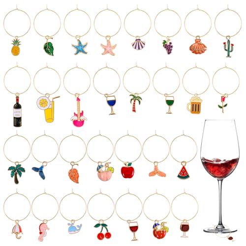 QFGasre 30pcs Wine Glass Charms Identifiers Wine Charms for Stem Glasses Markers Funny Charm for Summer Christmas Wines Tasting Travel Beach Themed Party Supplies